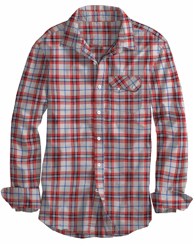 Men's 70s-style shirts-Red Navy Cream Twill Madras Checks