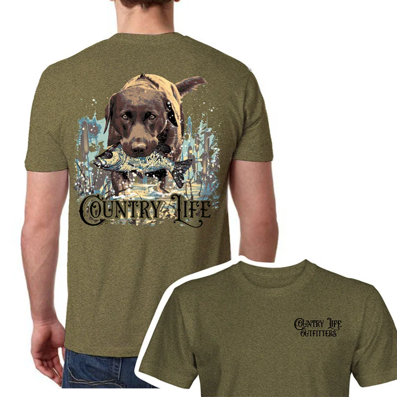 trendy short sleeve shirts with cool prints -Country Life Outfitters Fishing Dog Unisex Canvas T-Shirt