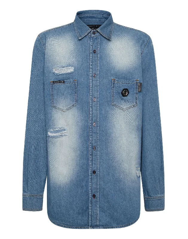 Men's exclusive shirts-Denim Shirt Crystal Skull