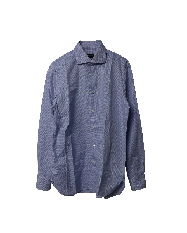 Men's wind-resistant shirts-Ermenegildo Zegna Houndstooth Buttondown Shirt in Blue Cotton