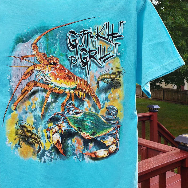 premium short sleeve t-shirts for men -Gotta Kill It To Grill Crustaceans Fishing Unisex Pocket T-Shirt