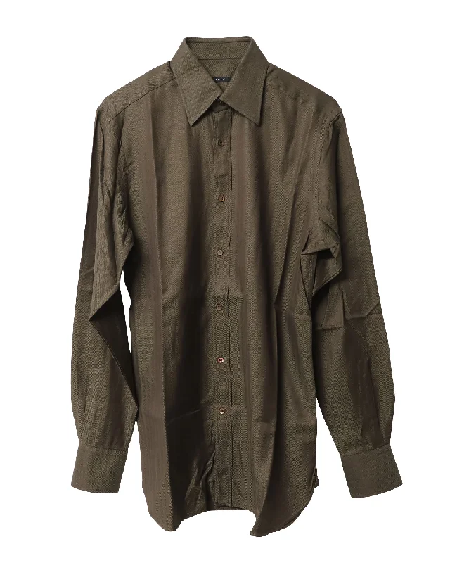 Men's desert shirts-Gucci Herringbone Button Down Shirt in Dark Brown Cotton