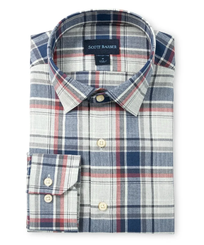 Men's muted-tone shirts-Herringbone Country Plaid, Navy