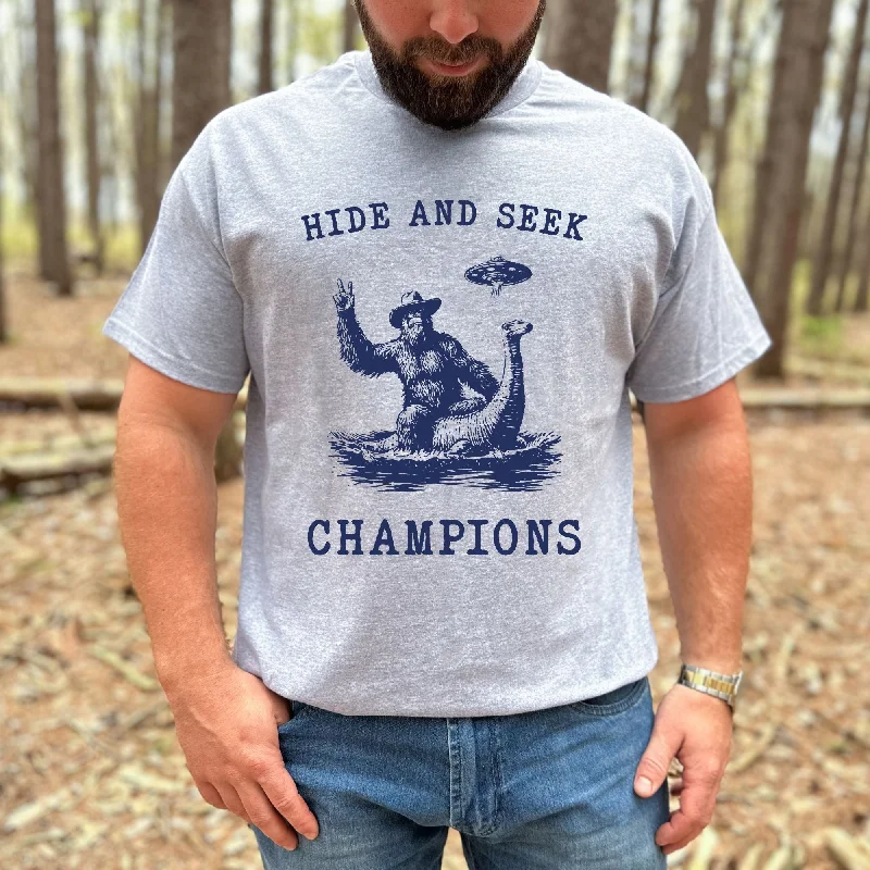 men’s printed short sleeve shirts with logos -Hide and Seek Champs - Bigfoot & Nessi TShirt *UNISEX FIT*