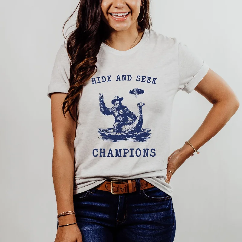 comfortable short sleeve t-shirts for all-day wear -Hide and Seek Champs - Bigfoot & Nessi TShirt *UNISEX FIT*