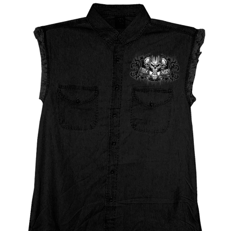 Men's airflow shirts-Hot Leathers GMD5015 Men's Black Ride or Die Skull Sleeveless Denim Button Shirt