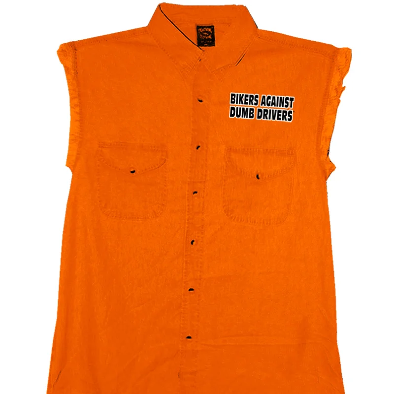 Men's slip-on shirts-Hot Leathers GMD5090 Mens 'Can You See Me Now A****** Sleeveless  Safety Orange Denim Shirt