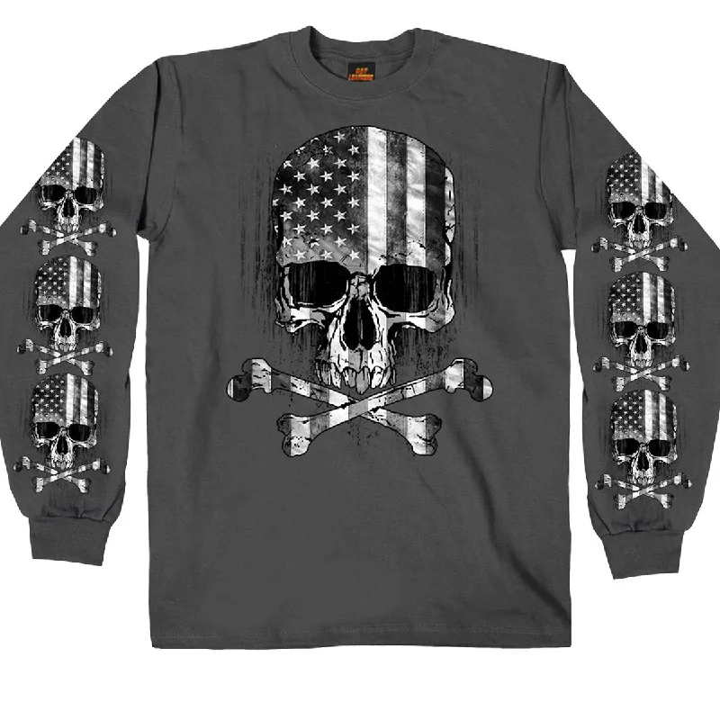 Men's moisture-control shirts-Hot Leathers GMS2391 Men’s ‘Flag Skull’ Long Sleeve Charcoal Shirt