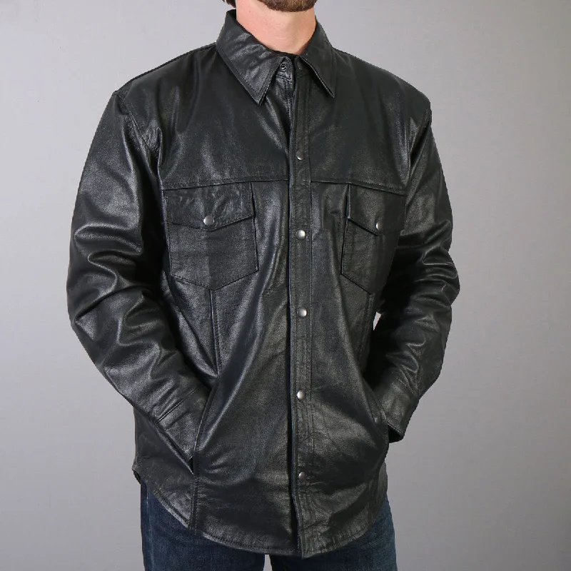 Men's camping-trip shirts-Hot Leathers LCS1001 Men’s Classic Black Fashion Leather Shirt with Multiple Pockets