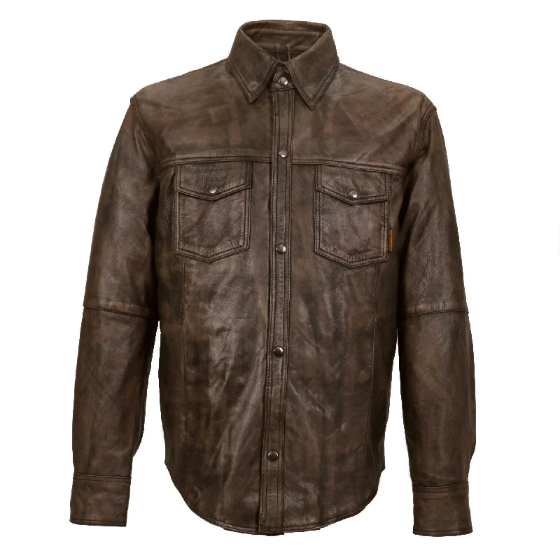 Men's black-tie shirts-Hot Leathers LCS1004 Men's Distressed Brown Leather Fashion Shirt with Multiple Pockets