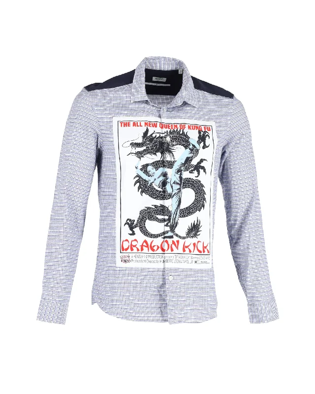 Men's spotlight shirts-Kenzo Dragon Kick Queen of Kung Fu Check Shirt in Blue Cotton