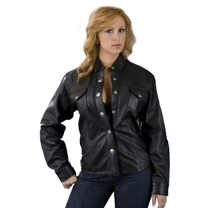 Men's photoshoot shirts-Leather King SH8028 Ladies Black Lambskin Leather Shirt