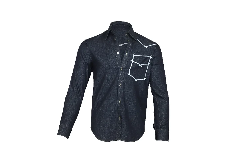 Men's rain-ready shirts-Maison Martin Margiela Contrasted Denim Shirt in Navy Blue Cotton