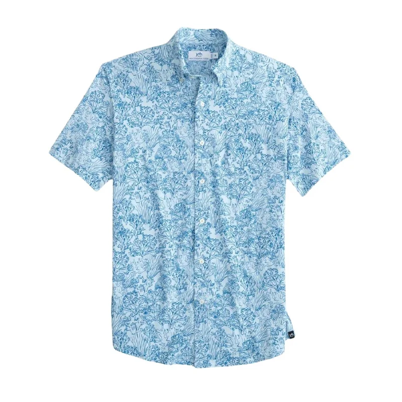 Men's running shirts-Men's Floral Coral Intercoastal Short Sleeve Sport Shirt In Chilled Blue