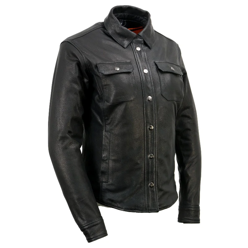 Men's throwback shirts-Milwaukee Leather | Black Women's Genuine Leather Shirt Jacket w/ Removable Liner and Reflective Trim - MLL2600