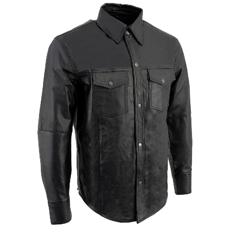 Men's chill shirts-Milwaukee Leather LKM1600 Men's Black Lightweight Casual Biker Style Leather Shirt