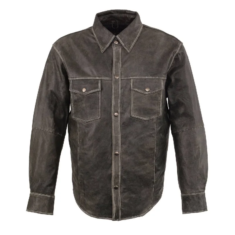 Men's rave shirts-Milwaukee Leather MLM1605 Men's 'Button Down' Distressed Grey Lightweight Casual Biker Leather Shirt