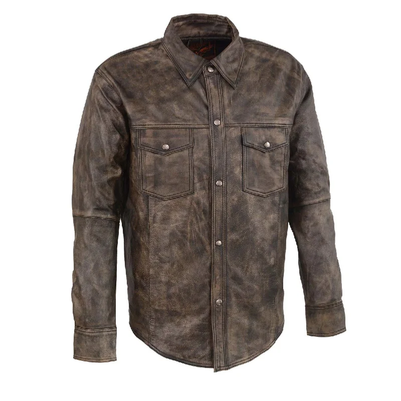 Men's yacht shirts-Milwaukee Leather MLM1606 Men's 'Button Down' Distressed Brown Casual Biker Leather Shirt