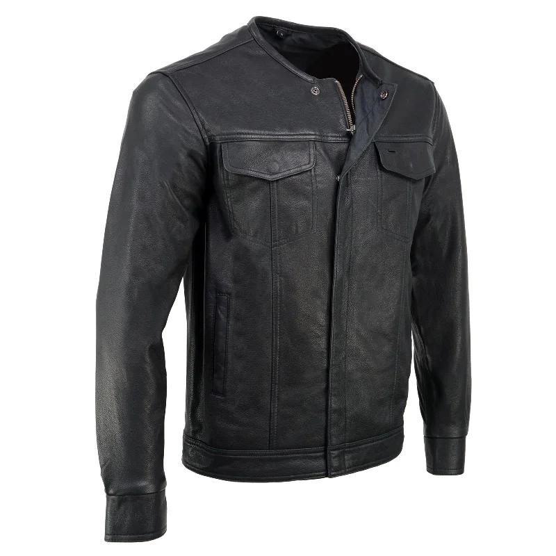 Men's crossover shirts-Milwaukee Leather MLM1607 Men's Collarless Black Premium Goat Skin Leather Casual Biker Shirt w/ Dual Closure