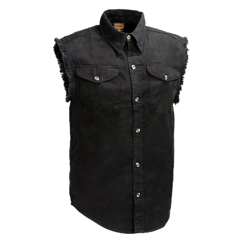 Men's punk-inspired shirts-Milwaukee Leather DM1002 Men's Black Lightweight Denim Shirt with Frayed Cut Off Sleeveless