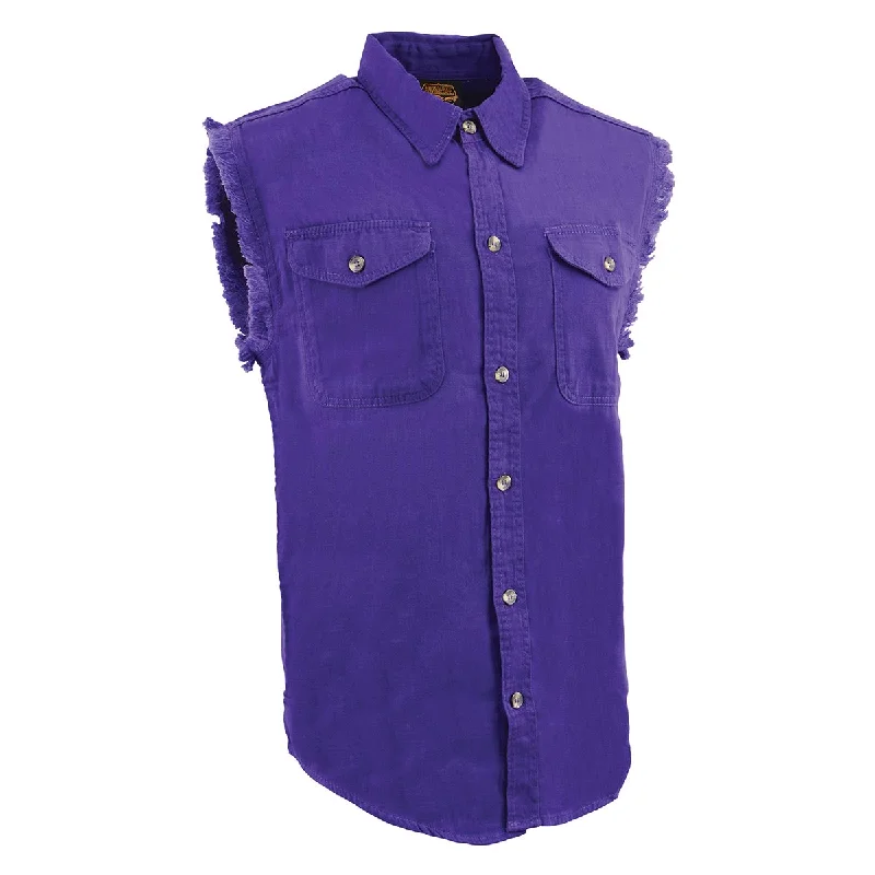 Men's couture shirts-Milwaukee Leather DM1006 Men's Purple Lightweight Denim Shirt with with Frayed Cut Off Sleeveless Look