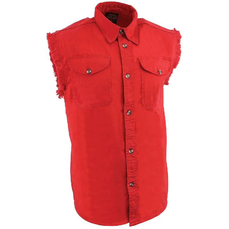 Men's urban-inspired shirts-Milwaukee Leather DM4007 Men's Red Lightweight Denim Shirt with Frayed Cut Off Sleeveless