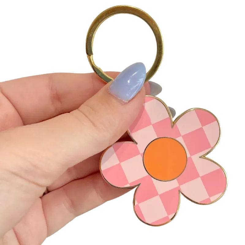 short sleeve t-shirts for men’s fitness activities -Pink Checkered Flower Metal Keychain