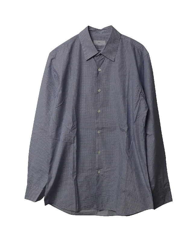 Men's go-to shirts-Prada Rectangle Chain Microprint Long Sleeve Button-up Shirt in Blue Cotton