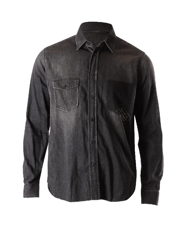 Men's layering-essential shirts-Saint Laurent Frayed Hem Button Front Shirt in Grey Cotton Denim