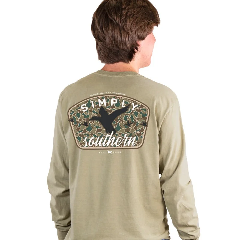 trendy short sleeve shirts with bold graphics -SALE Simply Southern Camo Duck Unisex Comfort Colors Long Sleeve T-Shirt