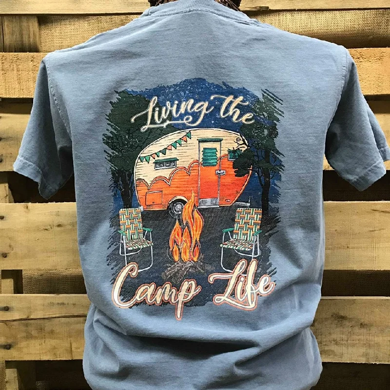 fashionable short sleeve shirts with bold prints -Backwoods Born & Raised Livin the Camp Unisex Comfort Colors Bright T Shirt