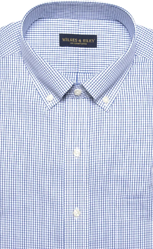 Men's featherlight shirts-Tailored Fit Blue Check Button-Down Collar Supima® Cotton Non-Iron Pinpoint Oxford Dress Shirt (B/T)