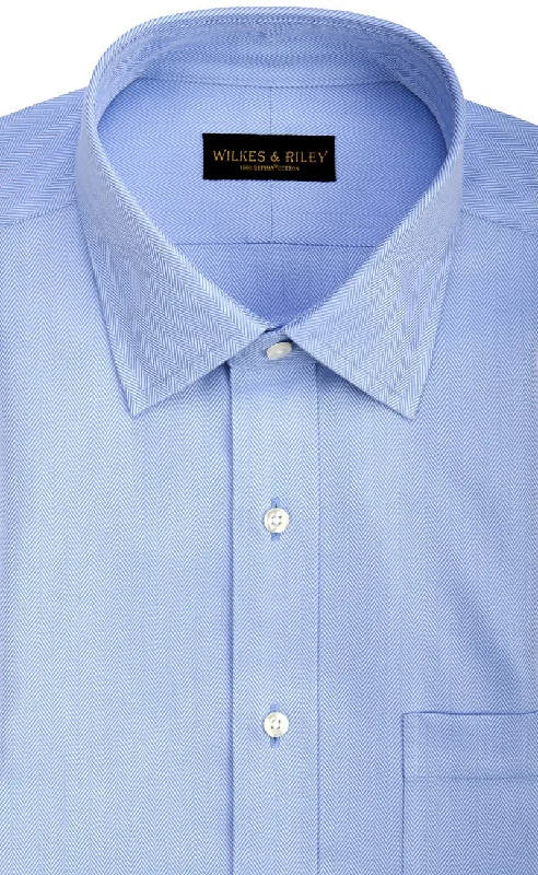 Men's chill shirts-Tailored fit Blue Herringbone Spread Collar Supima® Cotton Non-Iron Dress Shirt (B/T)