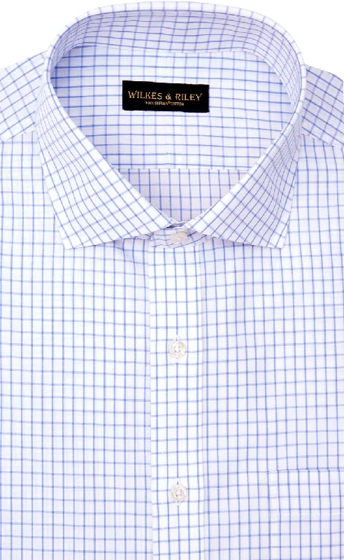 Men's top-layer shirts-Tailored Fit Blue Large Check English Spread Collar  Supima® Cotton Non-Iron Broadcloth Dress Shirt (B/T)