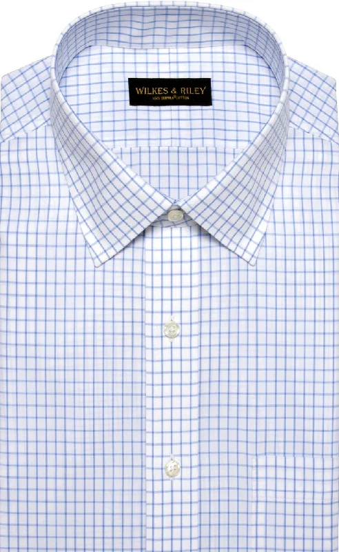 Men's yacht shirts-Tailored Fit Blue Large Check Spread Collar  Supima® Cotton Non-Iron Broadcloth Dress Shirt (B/T)