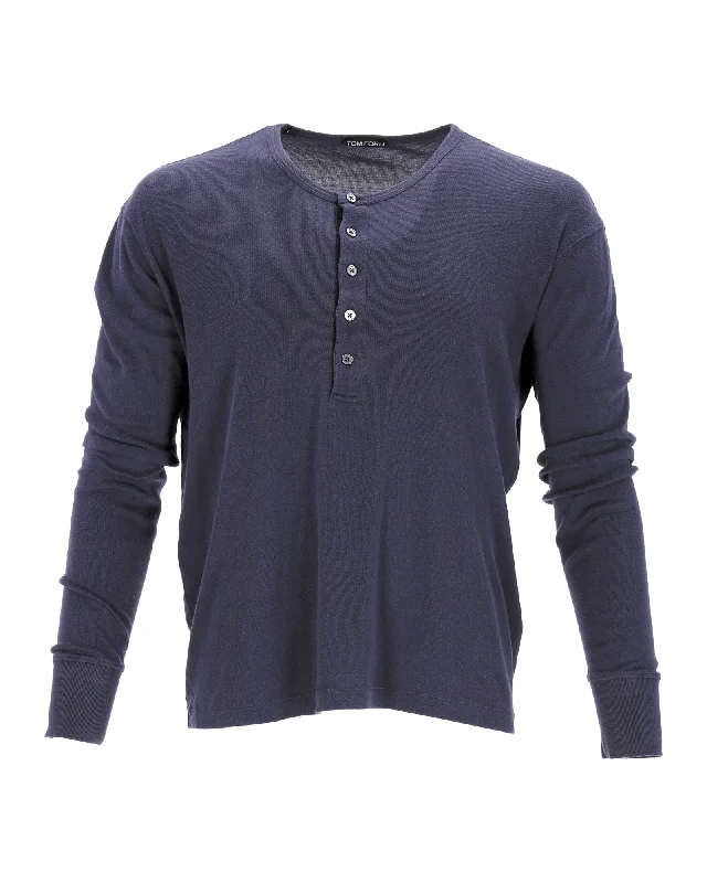 Men's woodworking shirts-Tom Ford Henley Shirt in Blue Cotton