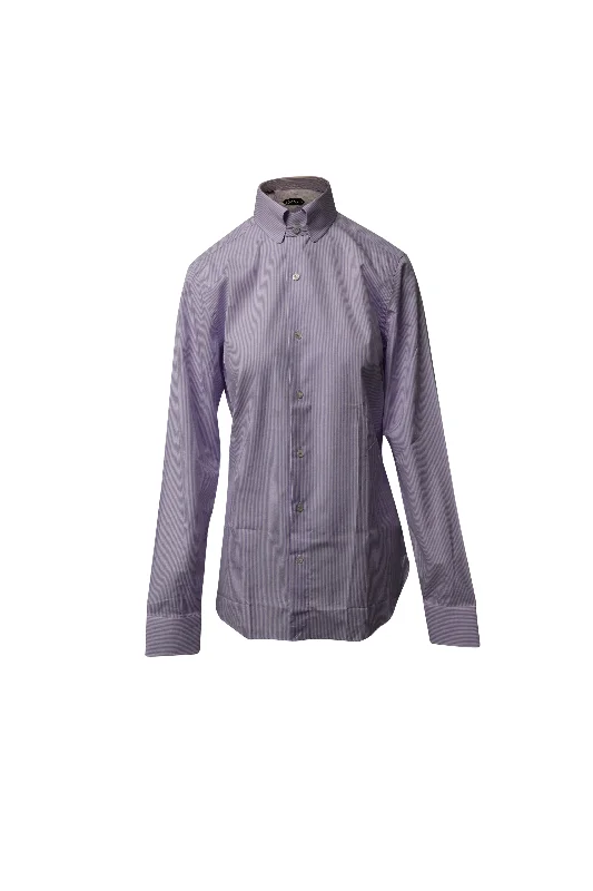 Men's midweight shirts-Tom Ford Striped Long Sleeve Button Shirt in Purple Cotton