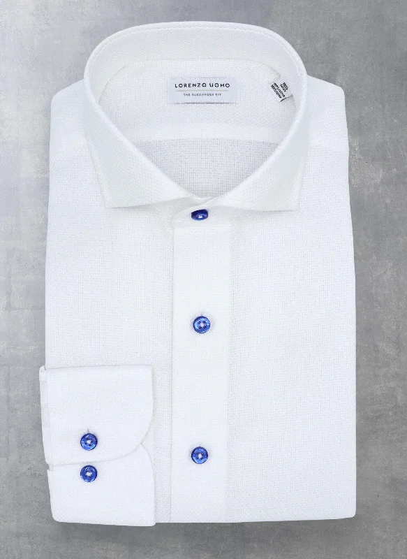 Men's finished-edge shirts-Alexander in White Solid Textured with Contrast Navy Buttons Shirt