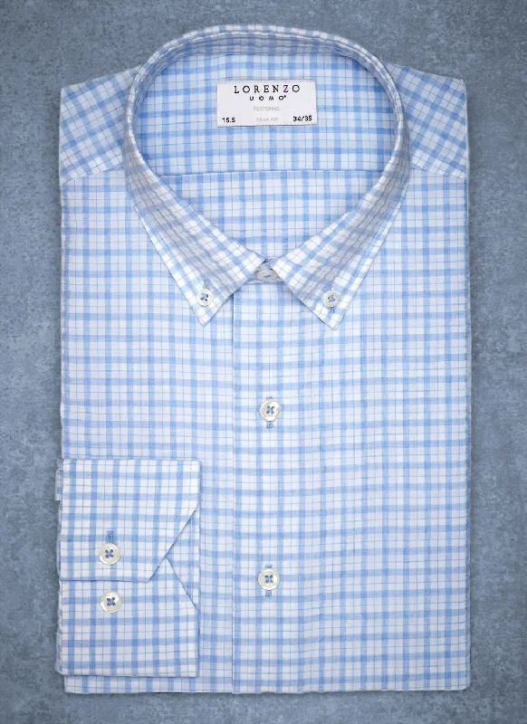 Men's machine-stitched shirts-Alexander in Blue Check Seersucker Shirt