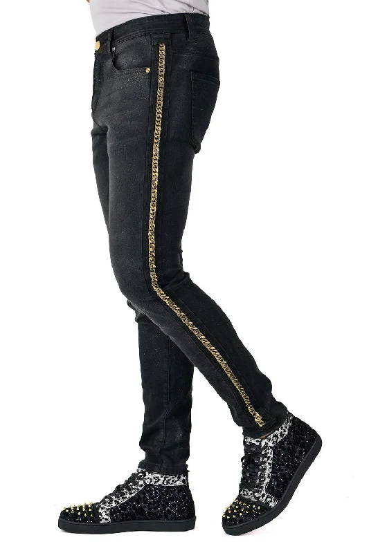 Men's pants with thin silhouette-Chain on love Jeans