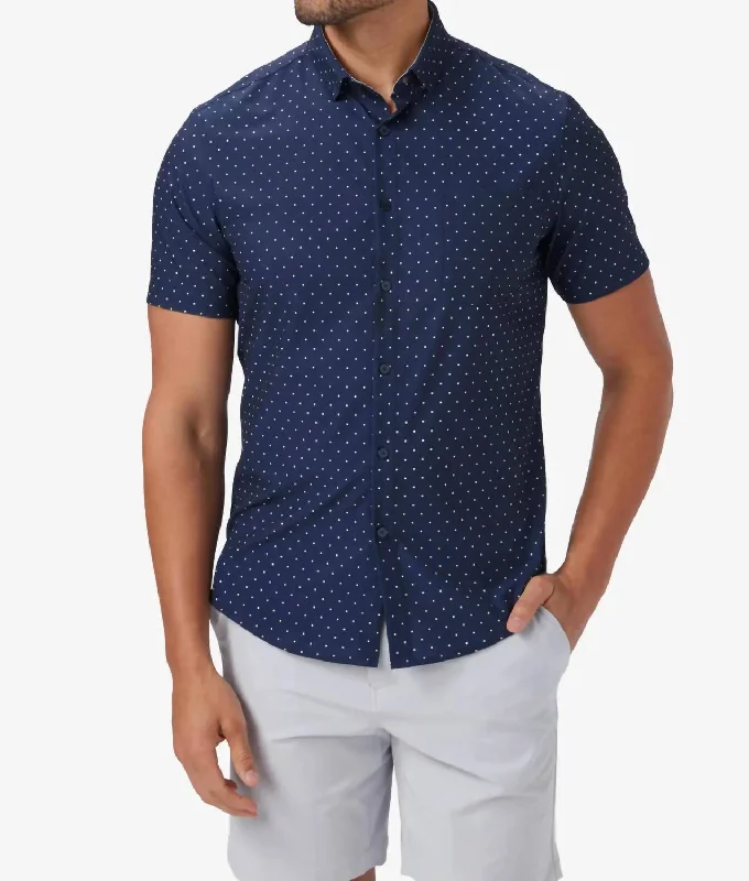 Men's black-tie shirts-Leeward Shortsleeve Dress Shirt In Navy Polka Dot