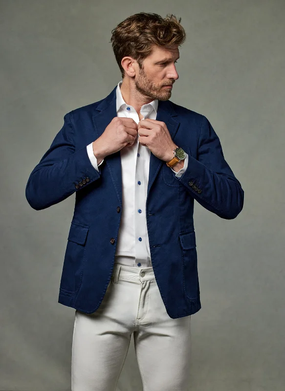 Men's dawn shirts-Liam in Solid White with Navy Iridescent Buttons Shirt