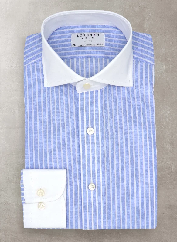 Men's debonair shirts-Liam in Blue Wide Stripe Shirt in White Collar & Cuff