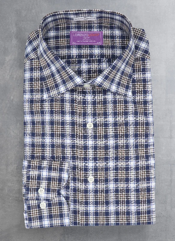 Men's hipster shirts-Maxwell in Navy with Brown and White Plaid Shirt