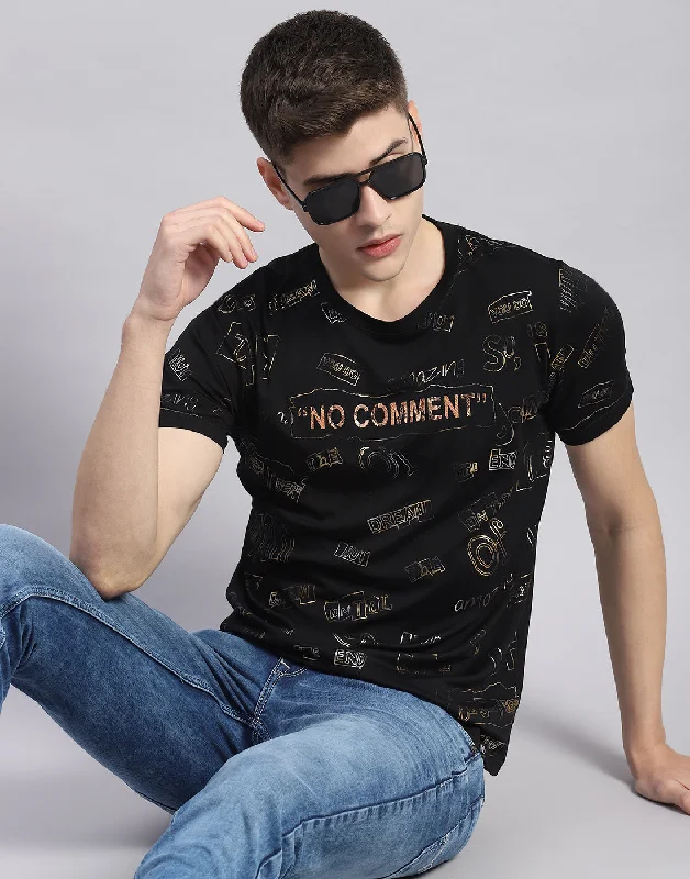 affordable summer short sleeve shirts for men -Men Black Printed Round Neck Half Sleeve T-Shirt