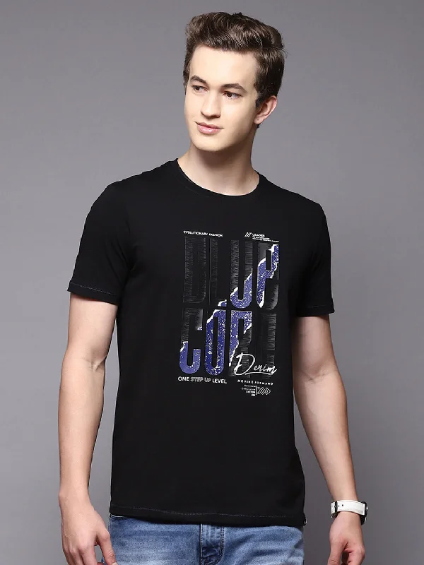 modern slim fit short sleeve shirts for men -Men Black Printed Round Neck Half Sleeve T-Shirts