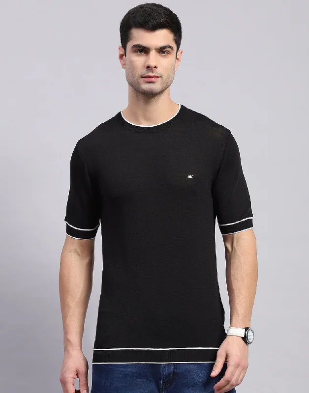 men’s stylish short sleeve shirts for work wear -Men Black Solid Round Neck Half Sleeve T-Shirt