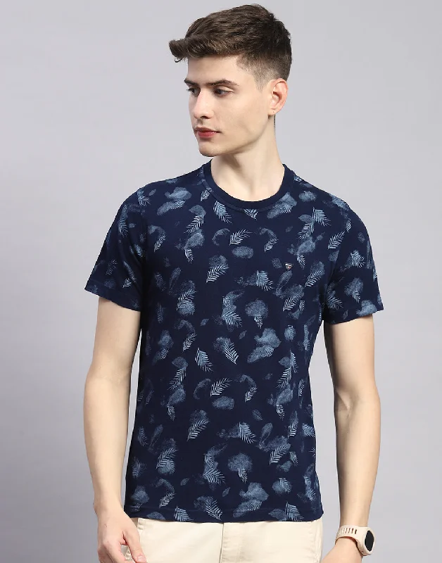 men’s printed short sleeve shirts for work -Men Navy Blue Printed Round Neck Half Sleeve T-Shirt