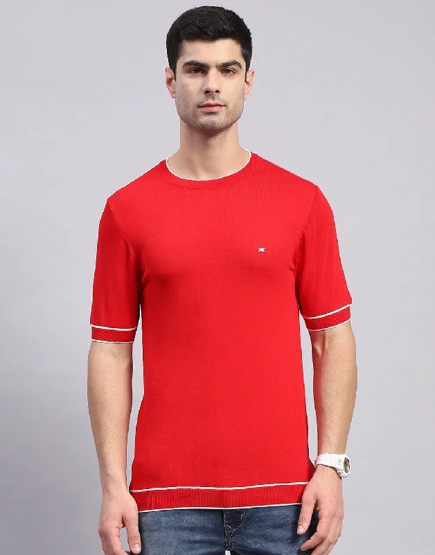 comfortable short sleeve shirts with patterns -Men Red Solid Round Neck Half Sleeve T-Shirt