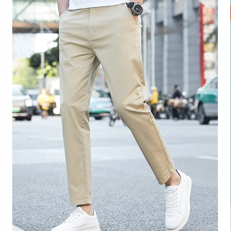 Men's pants with slim taper-Men's Cotton Mid Waist Zipper Fly Closure Plain Casual Pants